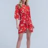 Q2 Red Floral Print Midi Dress In Chiffon