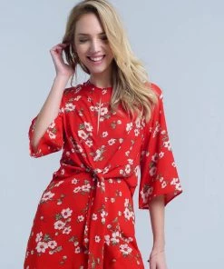 Q2 Red Floral Print Midi Dress In Chiffon