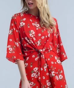 Q2 Red Floral Print Midi Dress In Chiffon