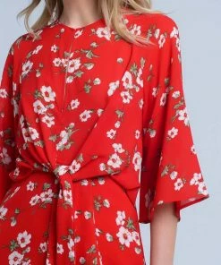 Q2 Red Floral Print Midi Dress In Chiffon