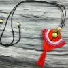 AMIU Handmade Store Red Tassel Necklace W/Green Bead Jewelry