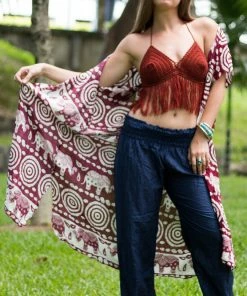 Napat Red Tribal Elephant Kimono Boho Tops