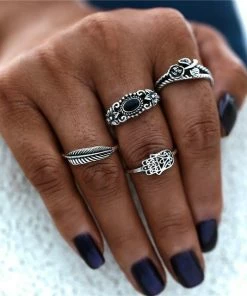 17KM Official Store Jewelry Retro Annilos Flower Child Ring Set