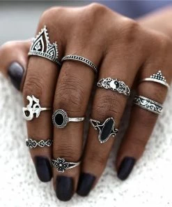 17KM Official Store Jewelry Retro Annilos Flower Child Ring Set