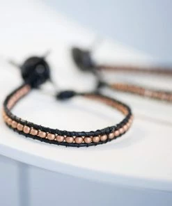 Kirr Bijoux Jewelry Rose Gold Thin Leather Beaded Bracelet