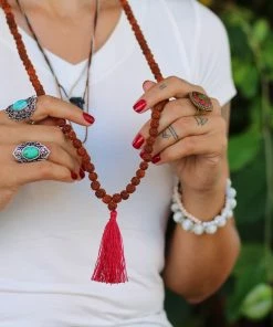 Offbeat Jewelry Rudraksha Buddhist Mala Beads Necklace With Red Tassels