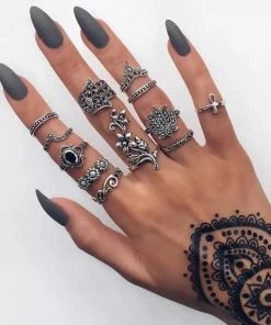 RaviMour Official Store Silver 12-pc Boho Midi Ring Set With Hamsa & Lotus Jewelry