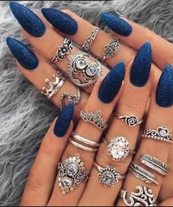 RaviMour Official Store Jewelry Silver Bohemian Om Flower Ring Set