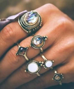 RaviMour Official Store Silver Boho Stone Ring Set Jewelry