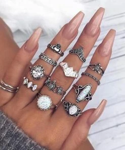 RaviMour Official Store Jewelry Silver Crystal & Turtle Boho Midi Ring Set