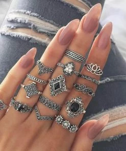 RaviMour Official Store Jewelry Silver Lotus Boho Ring Set