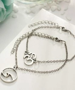 One Tribe Apparel Silver Stacked Om & Wave Charm Boho Anklet