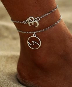 One Tribe Apparel Silver Stacked Om & Wave Charm Boho Anklet