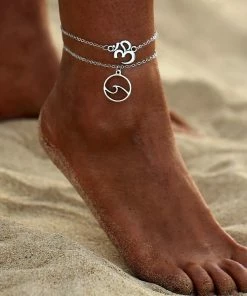 One Tribe Apparel Silver Stacked Om & Wave Charm Boho Anklet