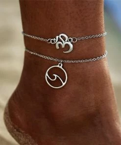 One Tribe Apparel Silver Stacked Om & Wave Charm Boho Anklet