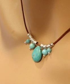 Lexi Butler Designs Silver Turquoise Drop Bead Charm Leather Necklace Jewelry