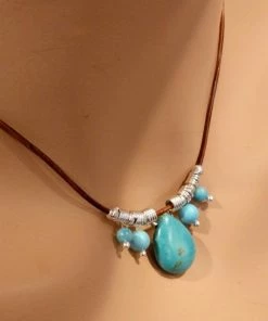 Lexi Butler Designs Silver Turquoise Drop Bead Charm Leather Necklace Jewelry