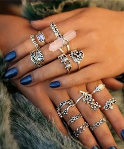 17KM Official Store Silver Vintage Pink Stone Flower Party Rings Set