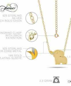 TZARO JEWELRY Small Elephant Necklace, 925 Sterling Silver, 14K Gold Plated Mini Elephant Necklace