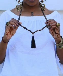 Offbeat Tiger Eye Buddhist Mala Beads Necklace With Black Tassels Jewelry