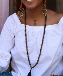 Offbeat Tiger Eye Buddhist Mala Beads Necklace With Black Tassels Jewelry