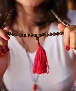 Offbeat Jewelry Tiger Eye Buddhist Mala Beads Necklace With Red Tassels