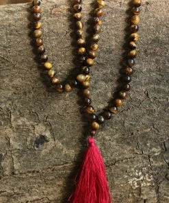 Offbeat Jewelry Tiger Eye Buddhist Mala Beads Necklace With Red Tassels
