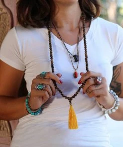 Offbeat Tiger Eye Buddhist Mala Beads Necklace With Yellow Tassels Jewelry