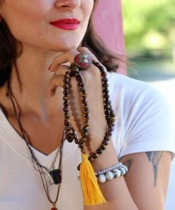 Offbeat Tiger Eye Buddhist Mala Beads Necklace With Yellow Tassels Jewelry