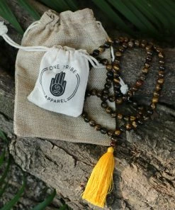 Offbeat Tiger Eye Buddhist Mala Beads Necklace With Yellow Tassels Jewelry