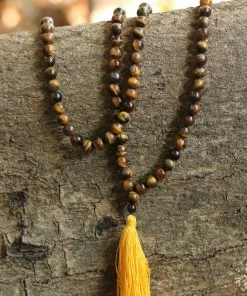 Offbeat Tiger Eye Buddhist Mala Beads Necklace With Yellow Tassels Jewelry