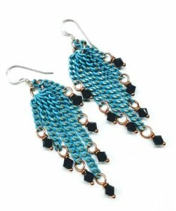 Lexi Butler Designs Turquoise Tassel Chain Black Crystal Earrings