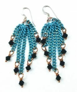Lexi Butler Designs Turquoise Tassel Chain Black Crystal Earrings