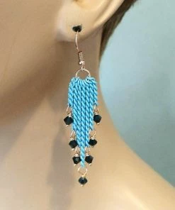 Lexi Butler Designs Turquoise Tassel Chain Black Crystal Earrings