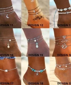 17KM Official Store Jewelry Vintage Gold Silver Multilayer Bohemian Anklets With Moon, Map Beads Leaves