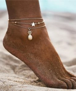 17KM Official Store Jewelry Vintage Gold Silver Multilayer Bohemian Anklets With Moon, Map Beads Leaves