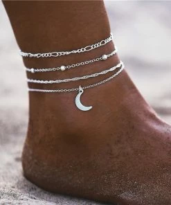 17KM Official Store Jewelry Vintage Gold Silver Multilayer Bohemian Anklets With Moon, Map Beads Leaves