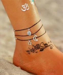 17KM Official Store Jewelry Vintage Gold Silver Multilayer Bohemian Anklets With Moon, Map Beads Leaves