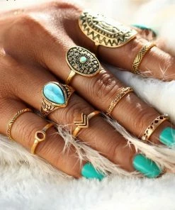 17KM Official Store Vintage Mandala Turquoise Ring Set In Gold And Silver