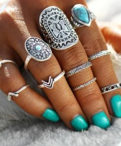 17KM Official Store Vintage Mandala Turquoise Ring Set In Gold And Silver