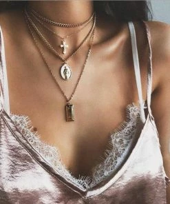 KMVEXO Official Store Vintage Silver Metal OM Elephant Moon Pendant Multilayer Necklace