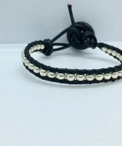 Kirr Bijoux White Pearl Thin Leather Beaded Bracelet Jewelry