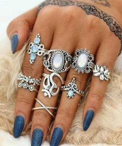 17KM Official Store Jewelry White Stone Silver Party Boho Ring Set