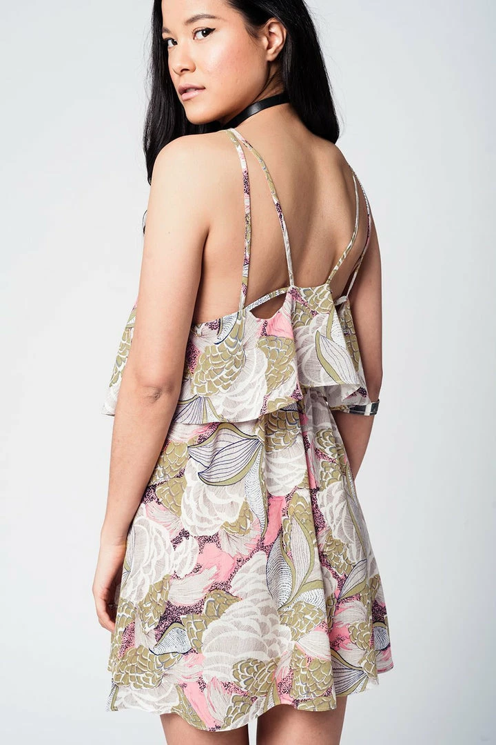 Q2 Yellow Printed Mini Dress With Double Layer And Crossed Straps Boho Dresses 6 Q2 Yellow Printed Mini Dress With Double Layer And Crossed Straps Boho Dresses